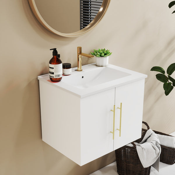 English Elm 24-Inch Wall-Mounted Bathroom Vanity With Ceramic Sink, Soft-Close Doors, Stylish Gold Handles & Storage W3151S00032