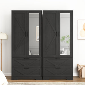 English Elm 2 Door Wardrobe Closet with Full Length Mirror Motion Light Hanging Rod and Drawers Black W409P266778