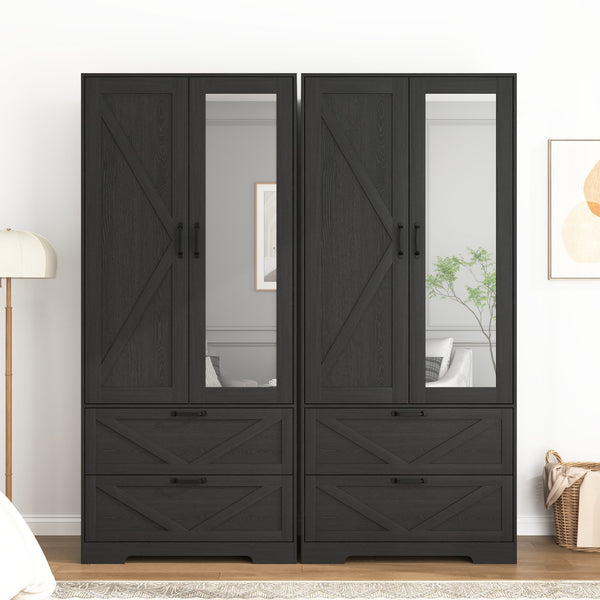 English Elm 2 Door Wardrobe Closet with Full Length Mirror Motion Light Hanging Rod and Drawers Black W409P266778