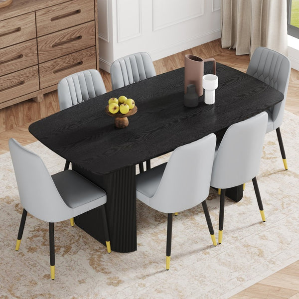 English Elm Table 7-Piece Modern Dining Set: Black Wood-Grain Table & 6 Light Gray Pu Chairs With Gold Accents W1151S04172-GIGA