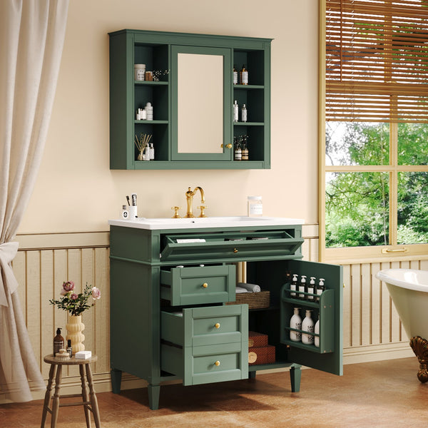 English Elm 36'' Modern Bathroom Vanity With Mirror Cabinet, Soft-Close Doors & Spacious Drawers For Storage SW000134AAF-1
