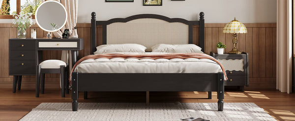 English Elm Queen Arched Rattan Headboard Platform Bed Matte Pine Frame No Box Spring Needed Black N733P180013B