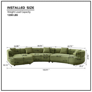 English Elm 155.91 Inch Green Quilted Curved Modular Sectional Sofa with Six Seats and Lumbar Pillows W2582S00198