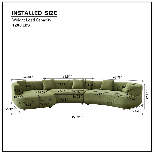 English Elm 155.91 Inch Green Quilted Curved Modular Sectional Sofa with Six Seats and Lumbar Pillows W2582S00198