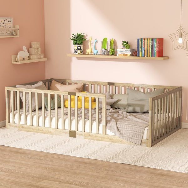English Elm Twin Montessori Floor Bed Solid Rubber Wood with Safety Fence Rails Toddler Room W504P411197