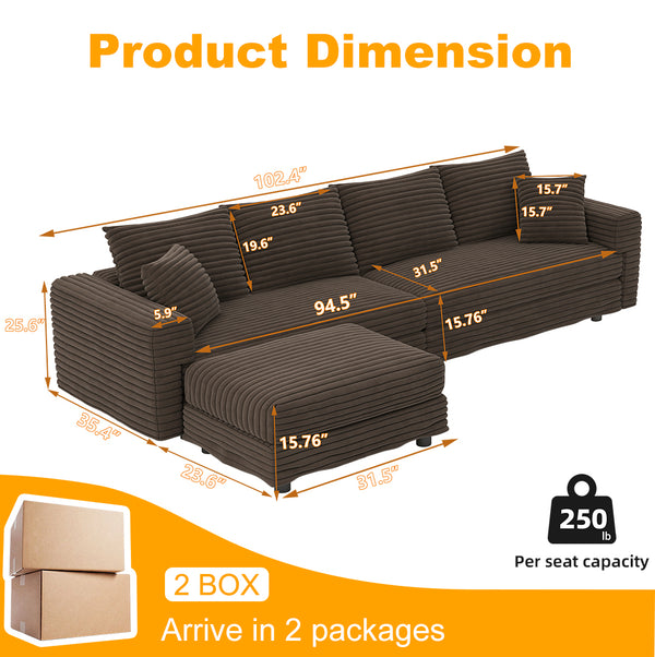 English Elm 102.4 Inch Plush Corduroy Cloud Sofa Deep Seat Four Person Convertible Lounge for Living Room Camel W1885S00340