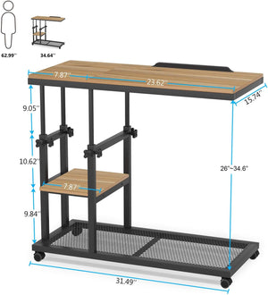 English Elm Mobile C Shaped Rolling Desk with Tiltable Top Two Tier Shelf and Adjustable Height T3971P461186