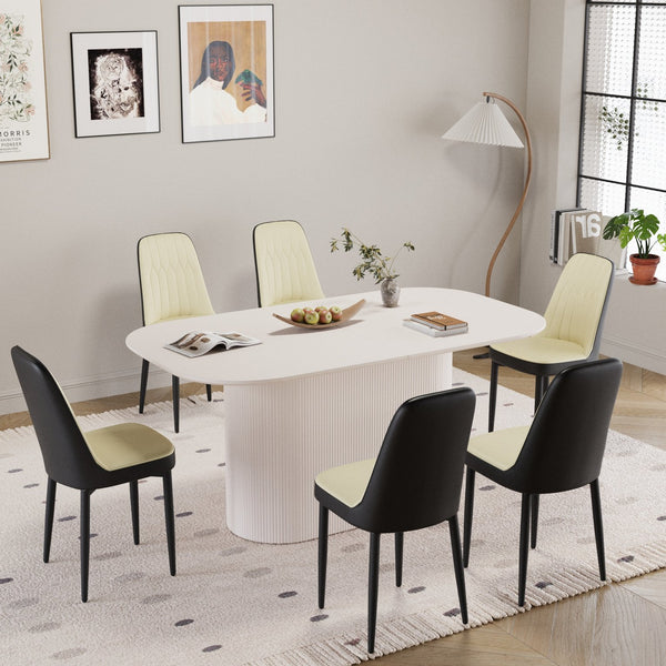English Elm 63 Inch Modern Dining Set Six Pu Leather Chairs Mdf Table Matte Black Metal Legs Beige+Cream,Black W2189S00867