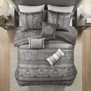 English Elm 7 Madison Park Bellagio Jacquard Comforter Set Cal King - Luxe Grey Leaf, Stripe & Ironwork Design, 7pc B03597024