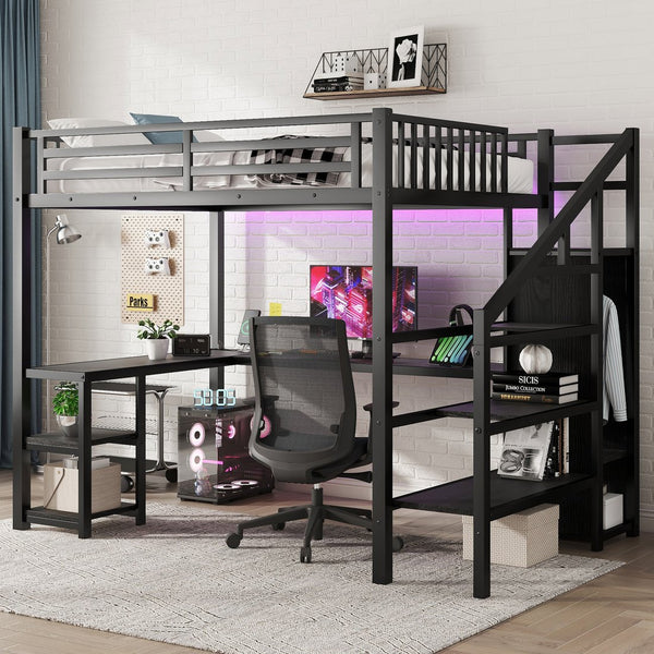 English Elm Metal Full Loft Bed with Wardrobe, LED, L-Desk & USB Ports — Space-Saving Full Size Bunk for Kids Teens Adults W2593S00008