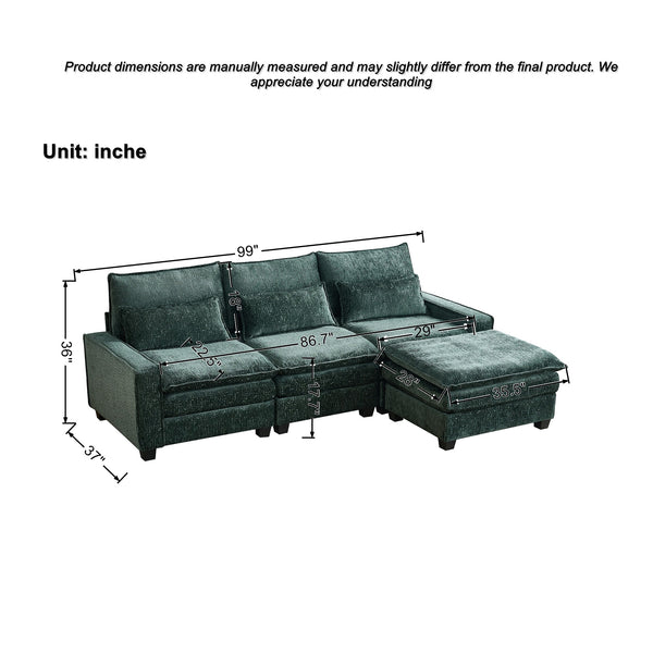 English Elm 99'' Sectional Cloud Deep Seat Couch - Plush Chenille 4-Seat L-Shaped Sofa with Movable Ottoman, Stain-Resistant Comfort and Ergonomic Lumbar Support Green W3373S00025