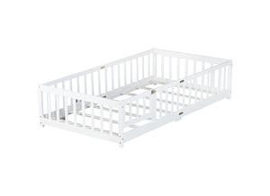 English Elm Twin Cozy Floor Bed With Protective Fence & Door, Eco-Friendly Rubberwood For Safe Sleep Spaces W504P286373-GIGA