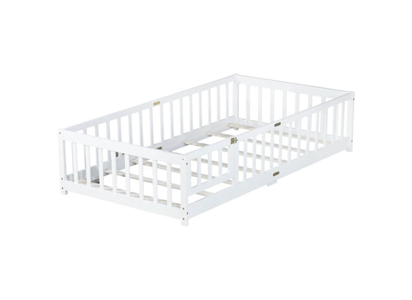 English Elm Twin Cozy Floor Bed With Protective Fence & Door, Eco-Friendly Rubberwood For Safe Sleep Spaces W504P286373-GIGA