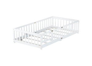 English Elm Twin Low Profile Rubberwood Floor Bed with Full Safety Fence for Toddler Rooms White W504P429270