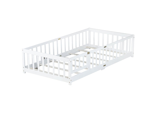 English Elm Twin Low Profile Rubberwood Floor Bed with Full Safety Fence for Toddler Rooms White W504P429270