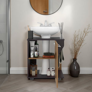 English Elm FM Gila Bend Under Sink Storage Cabinet, Compact White Particleboard with Two Shelves, Scratch-Resistant Melamine Surface Ideal for Small Bathrooms B128P387087