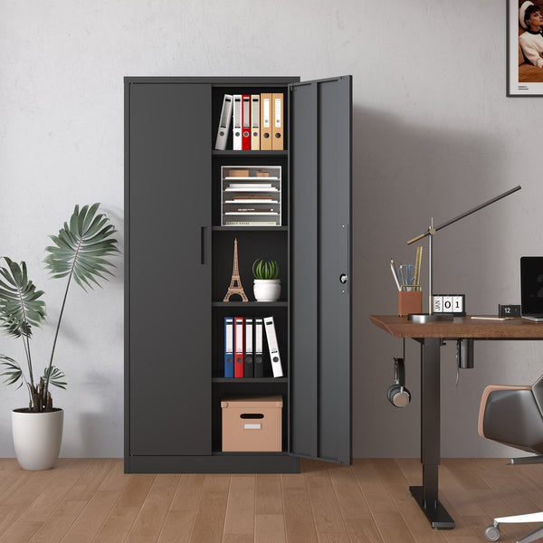 English Elm 72"H Metal Garage Storage Cabinet Black – Locking 3-Point Steel Cabinet with 4 Adjustable Shelves, Anti-Tip Safety T2398P152542