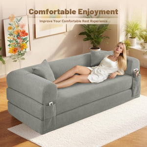 English Elm Convertible Corduroy Sleeper Sofa Queen Fold Out Bed with Dual Storage Pockets Light Gray W3396P483179