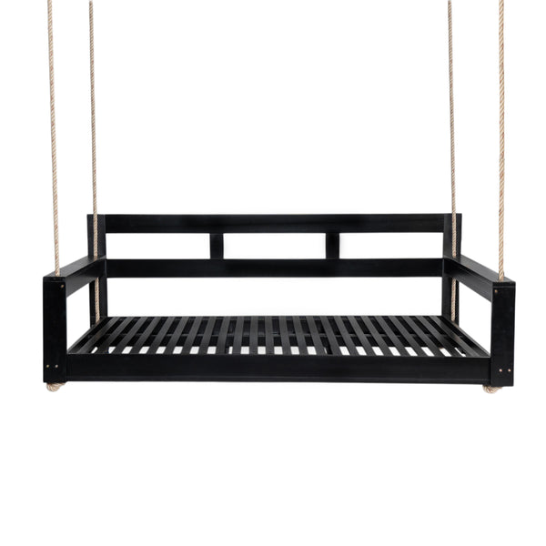 English Elm TOPMAX Acacia Wood Twin Porch Swing Bed Frame with High Back, 350lb Capacity & 118" Hemp Ropes Black N717P265795B