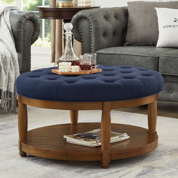 English Elm Large Round Tufted Ottoman Coffee Table with Wood Shelf for Living Room Lounge Navy Blue W2186P212195