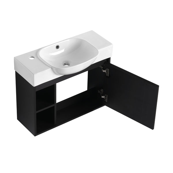 English Elm 26'' Wall-Mounted Bathroom Vanity with Glossy White Ceramic Sink, Soft-Close Door & Waterproof Finish Dark Oak W999P310759