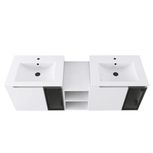 English Elm 60" Floating Double Sink Bathroom Vanity Glossy White Plywood with Frosted Glass Doors W999S00532