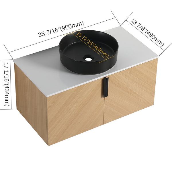 English Elm 36" Bathroom Vanity With Ceramic Vessel Sink & White Stone Top - Modern Wall-Mounted Design, Soft-Close Doors W999S00449