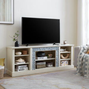 English Elm Large White Media Console with Faux Stone Surround and Enclosed Cabinet Storage W2275P389710