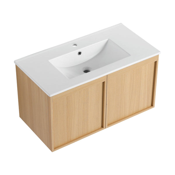 English Elm 36" Floating Bathroom Vanity Light Oak Modular Cabinet with Gel Coat Integrated Sink Glossy White,Light Oak W3450S00067