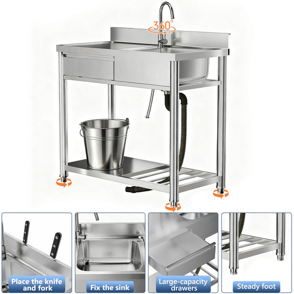 English Elm 304 Stainless Steel Freestanding Outdoor Sink Station with Workbench and Storage Shelf W3190P371785