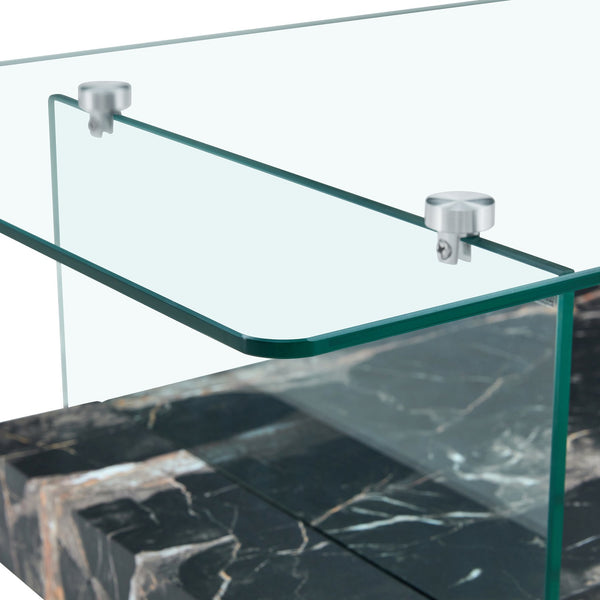 English Elm Rectangular Two Tier Glass Coffee Table with Marble Shelf for Modern Living Rooms W2920P226071