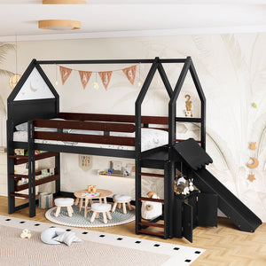 English Elm Full Size Pine Loft Bed House Frame with Slide Bookshelves and Moon Star Rails W1580S00311