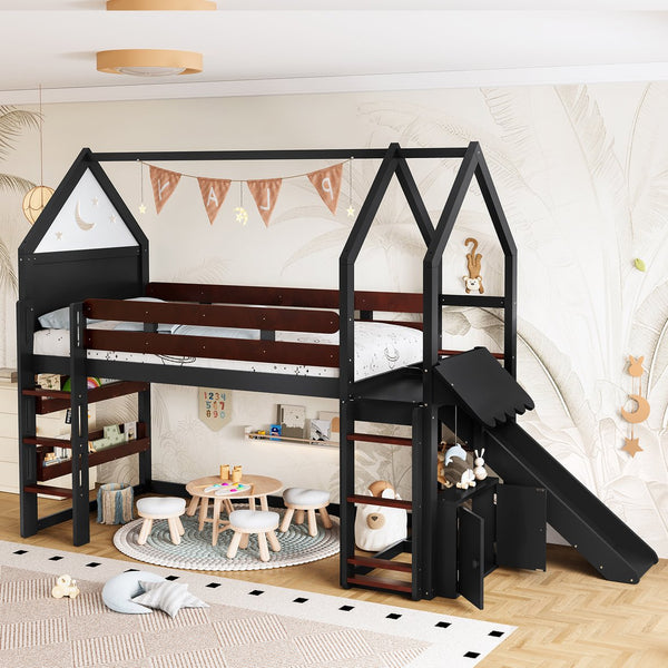 English Elm Full Size Pine Loft Bed House Frame with Slide Bookshelves and Moon Star Rails W1580S00311