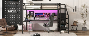 English Elm Twin Xl Metal Loft Bed with Stair Storage Shelves Sturdy Steel Frame for Dorms W1580S00545