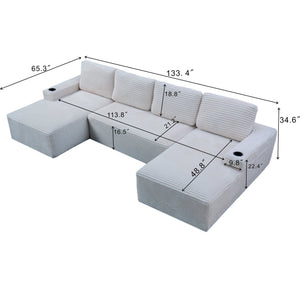 English Elm Compressible Corduroy U-shaped Sectional Cloud Sofa Modular Living Room Couch Cream White W5515S00030