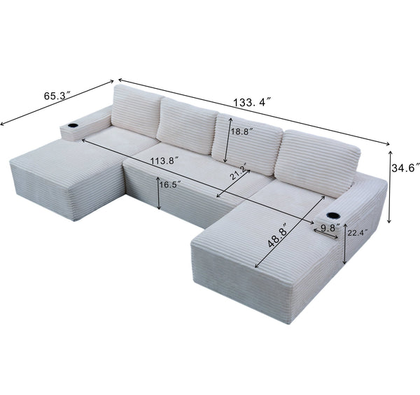 English Elm Compressible Corduroy U-shaped Sectional Cloud Sofa Modular Living Room Couch Cream White W5515S00030