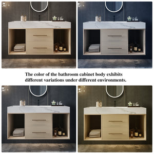 English Elm 39.4 Inch Floating Bathroom Vanity Sintered Stone Top Solid Wood 2 Soft Close Drawers W3136S00030