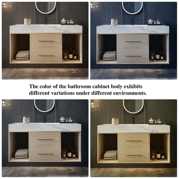 English Elm 39.4 Inch Floating Bathroom Vanity Sintered Stone Top Solid Wood 2 Soft Close Drawers W3136S00030