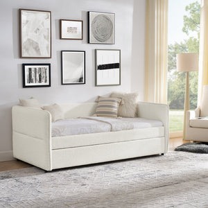 English Elm Daybed With Trundle - Elegant Tufted Sofa Bed In Soft Beige Boucle For Stylish Small Spaces & Guests W1413S00092