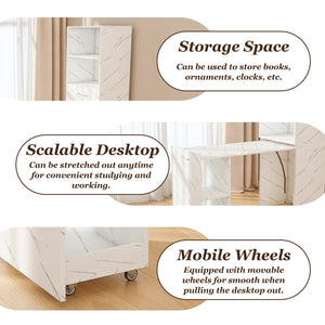 English Elm Stretchable expandable office desk with magnetic fold, lockable casters, adjustable shelves for storage and space-saving White Marble W509P355682