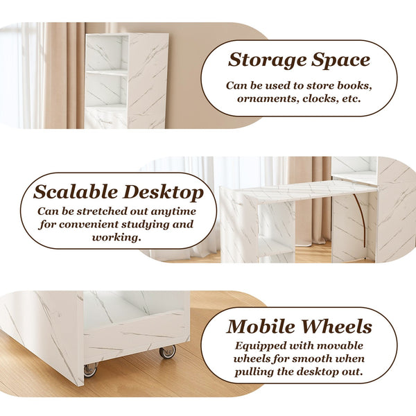 English Elm Stretchable expandable office desk with magnetic fold, lockable casters, adjustable shelves for storage and space-saving White Marble W509P355682