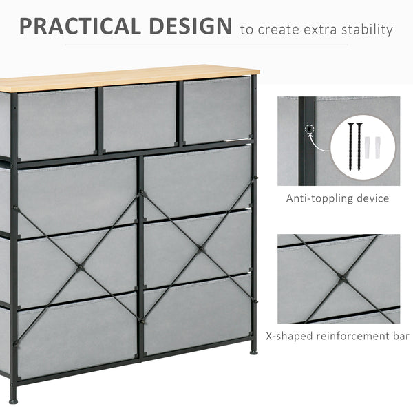 English Elm HOMCOM 9-Drawer Storage Chest with Wood Top & Steel Frame, Foldable Fabric Bins, Anti-Tip Protection W2225P217735