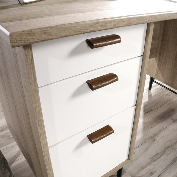 English Elm Executive Desk with Large Desktop, Light Oak & White Accents, File Drawers, Durable Metal Base B356P367821
