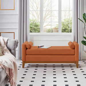 English Elm Large Boucle Upholstered Window Bench with Armrests and Throw Pillows for Entryway Orange W2186P454319
