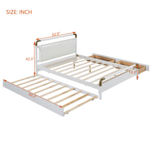 English Elm Queen Upholstered Platform Bed with Trundle & 2 Large Drawers, Padded Headboard, White/Walnut Elegance SF000190AAK