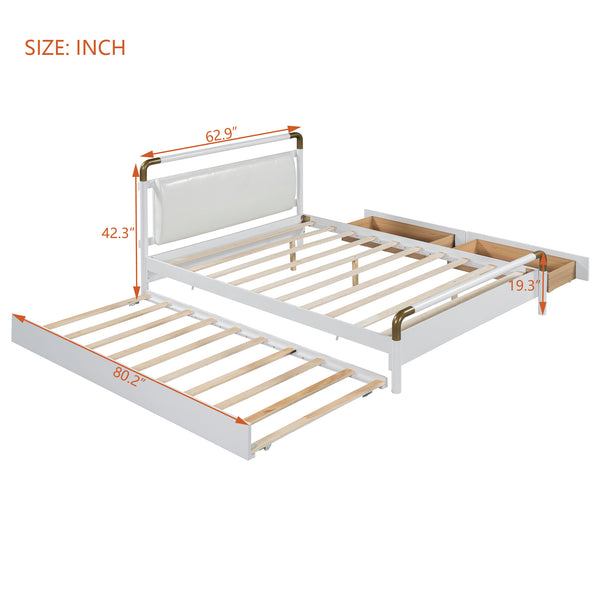 English Elm Queen Upholstered Platform Bed with Trundle & 2 Large Drawers, Padded Headboard, White/Walnut Elegance SF000190AAK