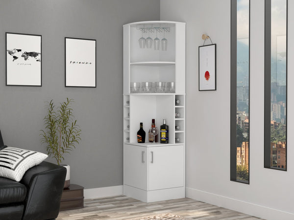English Elm Syrah Corner Bar Cabinet White with 8 Bottle Cubbies, 12-Glass Rack & 2 Shelves, Space-Saving Design B070102687
