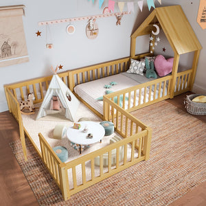 English Elm Twin House Floor Bed with Door & Full-Length Guardrails, Solid Wood Twin Loft Alternative for Kids Natural W1580P327129