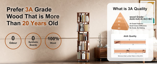 English Elm 100%solid Rubberwood Rotating Tower Bookcase with Locking Wheels 4 Tier Round Shelf W2987P337957