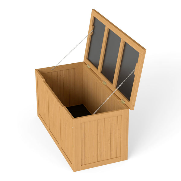 English Elm 67 Gallon Solid Wood Outdoor Deck Box with Hinged Lid Doubles as Patio Bench Seat W2640P327217